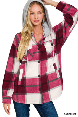 PAGIE PLAID DRAWSTRING HOODED FLEECE SHACKET