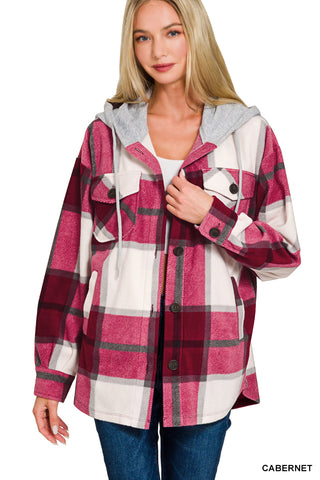 PAGIE PLAID DRAWSTRING HOODED FLEECE SHACKET