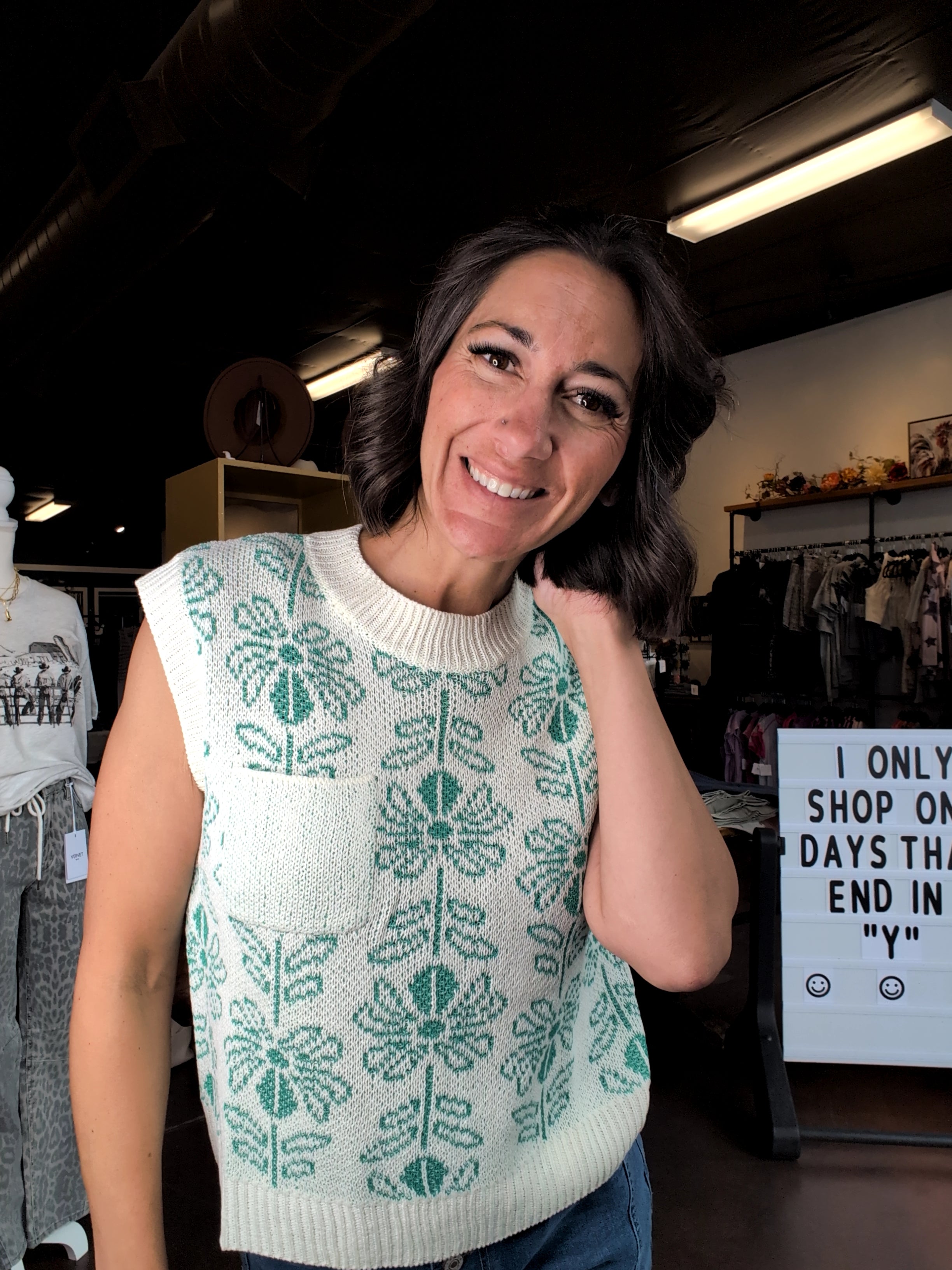 White Green Floral Sleeveless Sweater