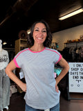 White Black Stripe Tee with Pink Trim