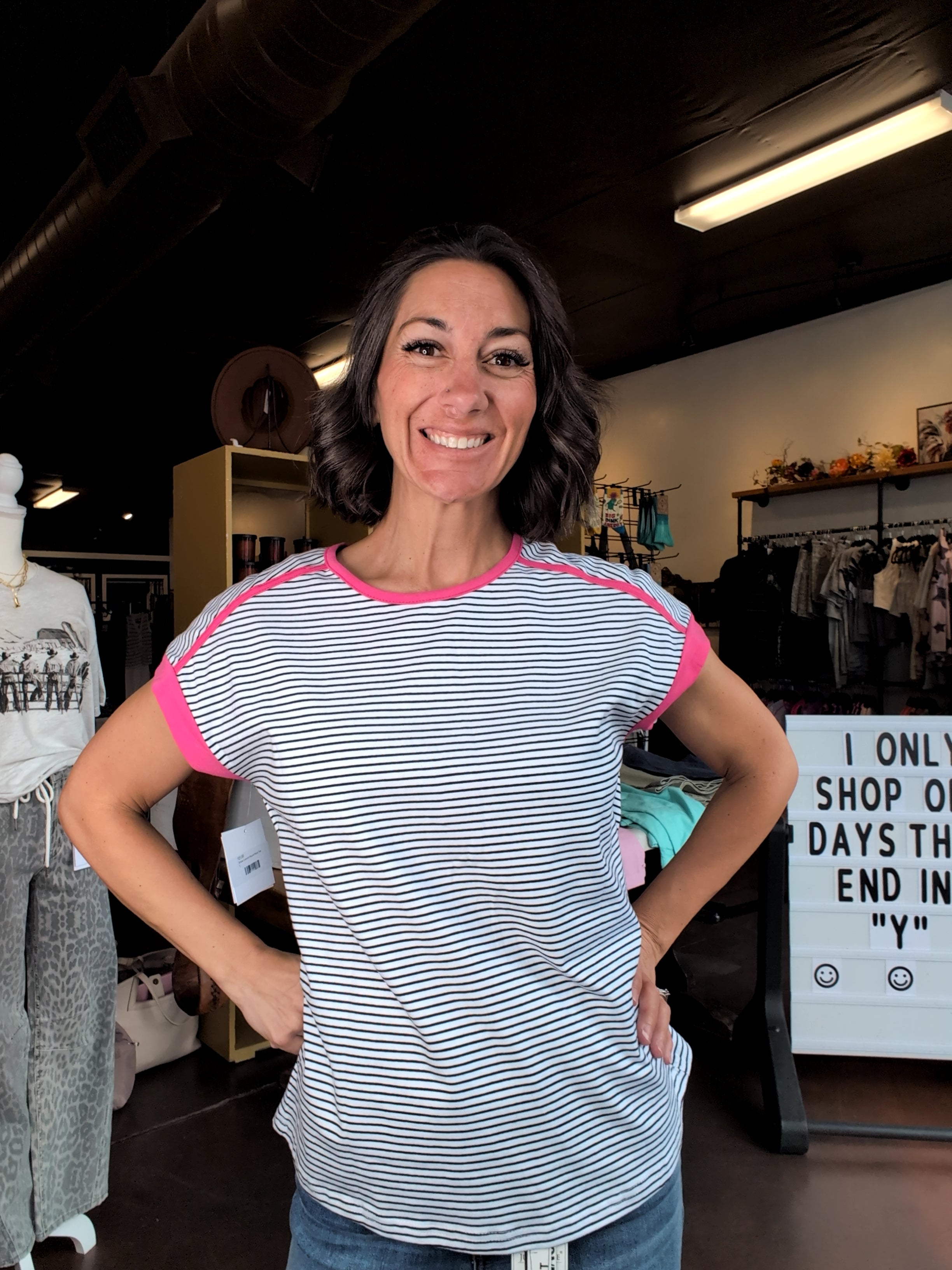 White Black Stripe Tee with Pink Trim