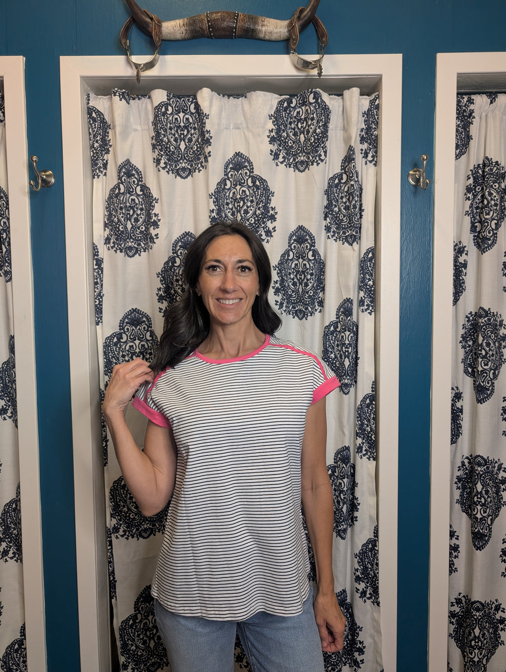 White Black Stripe Tee with Pink Trim