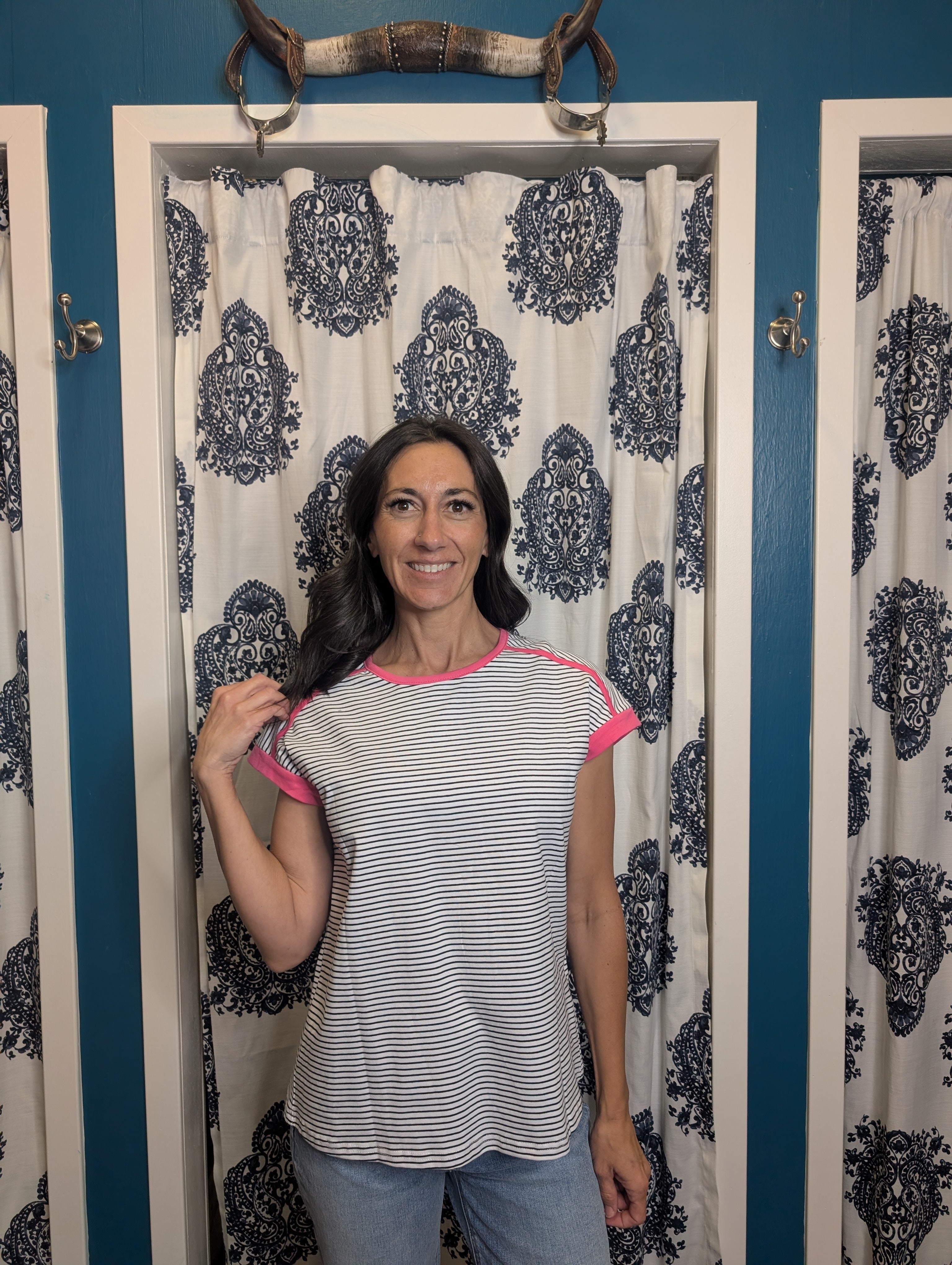White Black Stripe Tee with Pink Trim