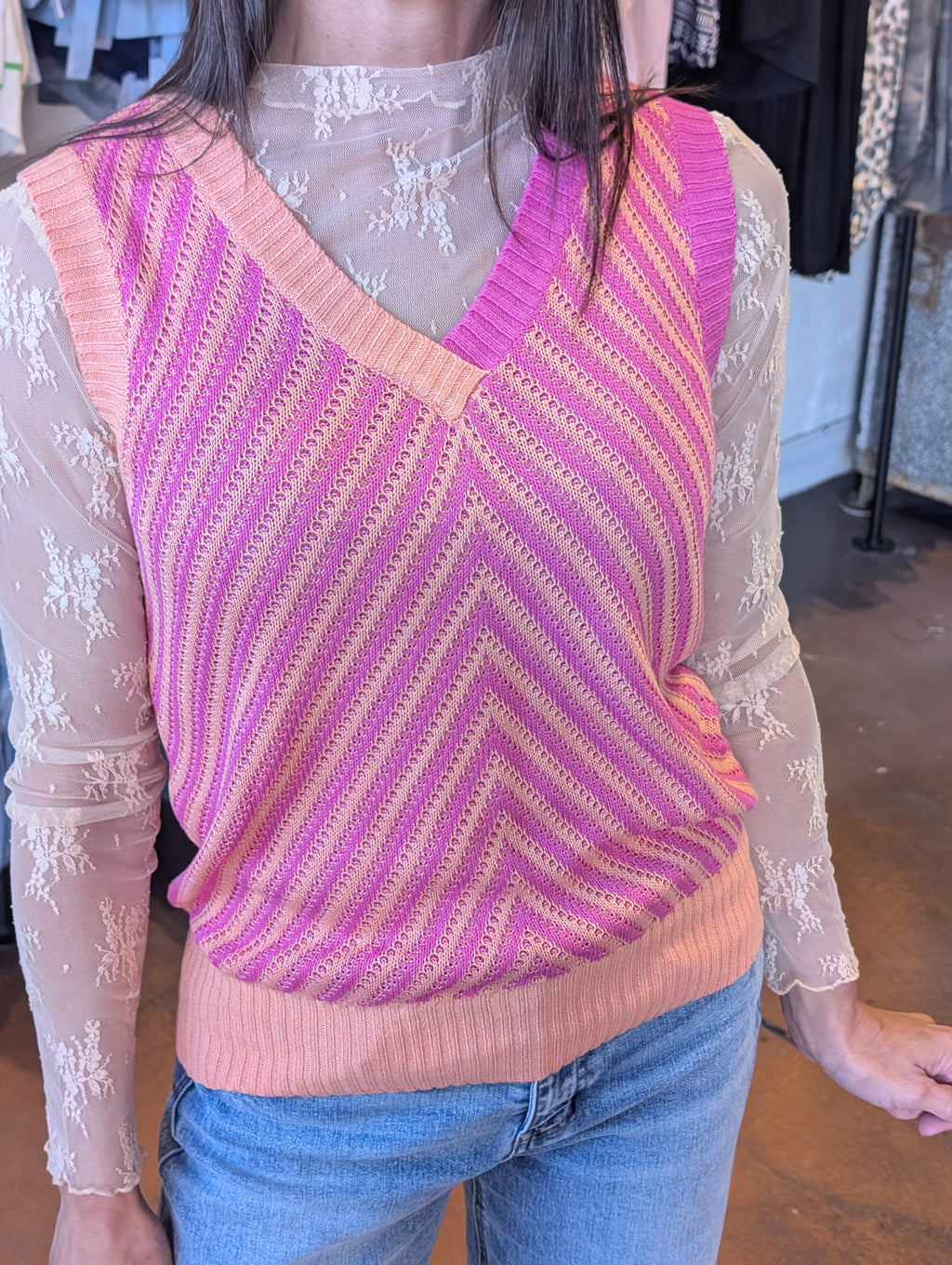 Pink Ribbed Knit Sweater Vest