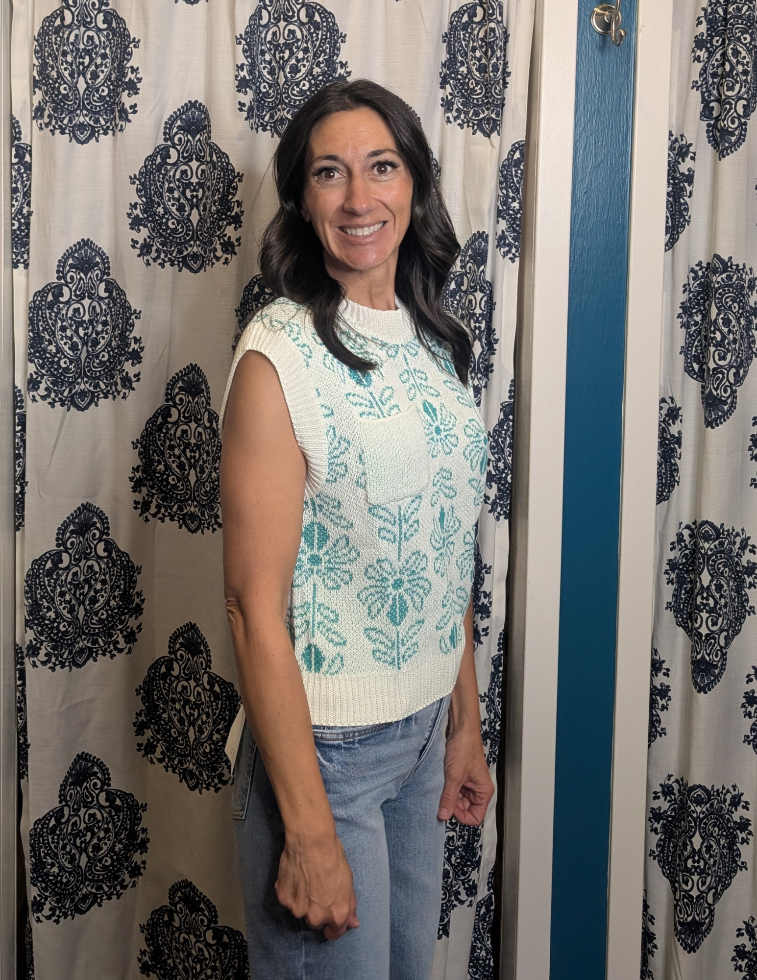 White & Green Floral Sleeveless Sweater