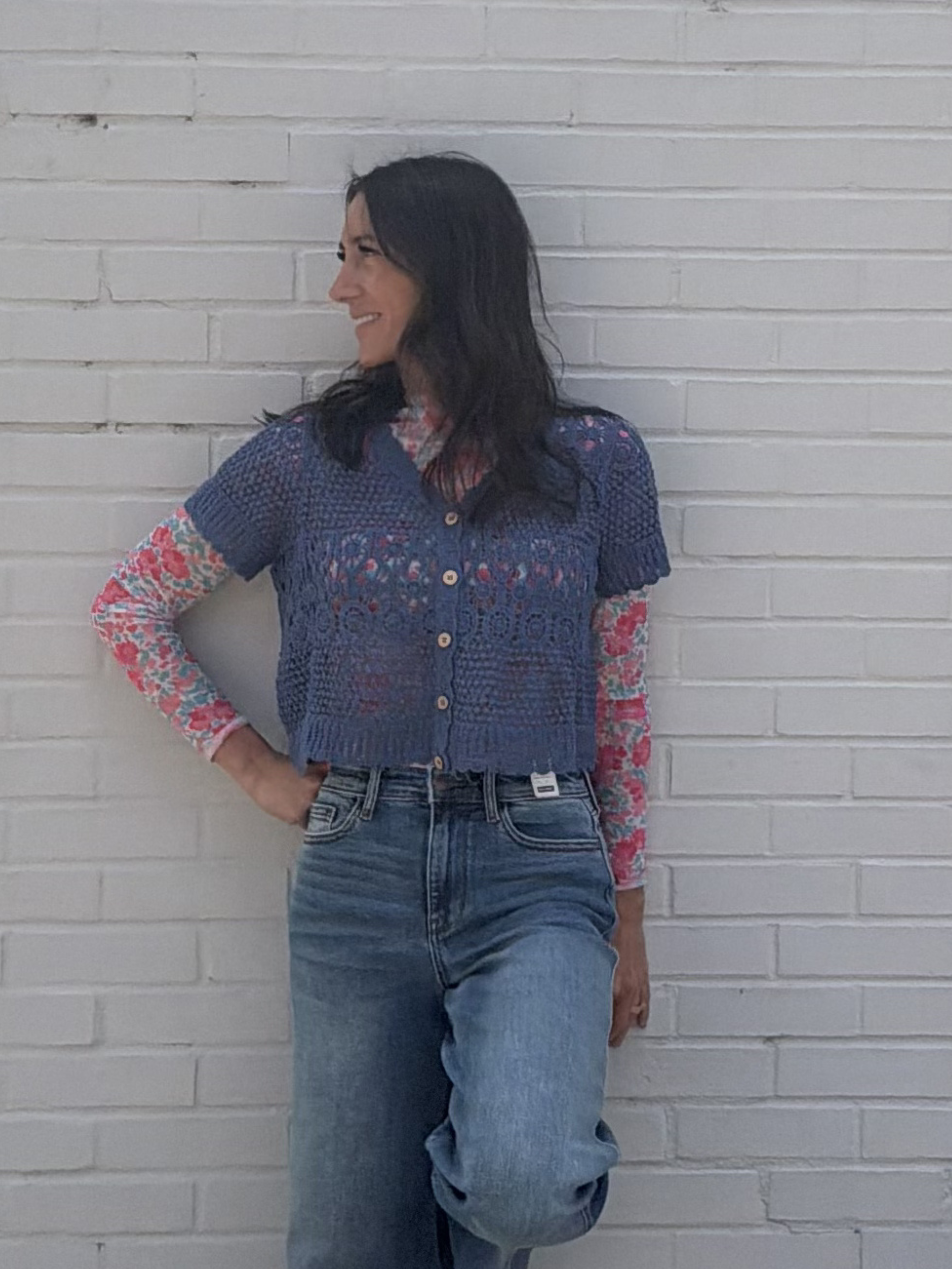 Blue Open Knit Button Up Top